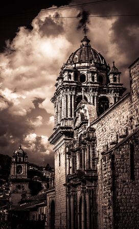 Spanish Colonial La Catedra bell tower in the Plaza De Armas in Cusco, Peru.の写真素材