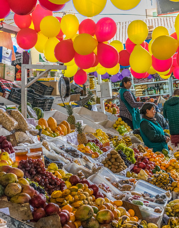 Colorful San Pedro market produce in Cusco, Peru.のeditorial素材