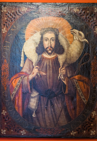 Pre Colombian Art Museum painting of Jesus in Cusco, Peru.のeditorial素材