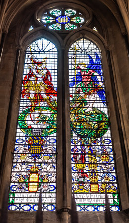 Westminster Abbey Stained Glass Window Saint Michael and Saint George in Londonの写真素材
