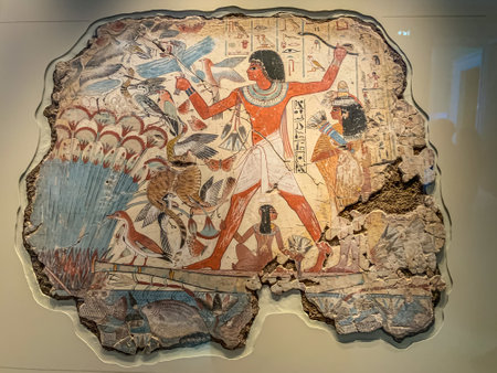 Painting of Nebamun Hunting in the Marshes (1350 BC) in British Museum in Londonのeditorial素材