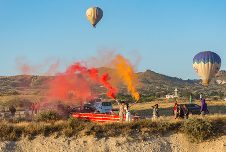 Hot Air Balloons Over Love Valley in Cappadocia, Turkey at Dawn.の写真素材