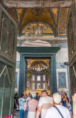 10th Century Christian Mosaic of Christ with Emperor Leo VI above Hagia Sophia's Imperial Entrance  in Istanbul, Turkey.のeditorial素材