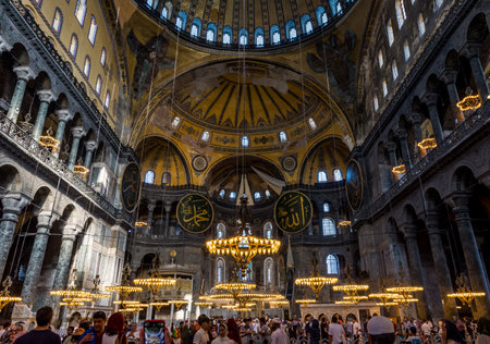 Hagia Sophia's Dome Interior and Nave with Christian Icons and Islamic Medallions  in Istanbul, Turkey.のeditorial素材