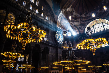 Hagia Sophia's Dome Interior and Nave with Christian Icons and Islamic Medallions  in Istanbul, Turkey.のeditorial素材