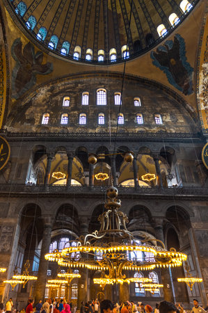 Hagia Sophia's Dome Interior and Nave with Christian Icons and Islamic Medallions  in Istanbul, Turkey.のeditorial素材