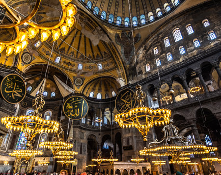 Hagia Sophia's Dome Interior and Nave with Christian Icons and Islamic Medallions  in Istanbul, Turkey.のeditorial素材