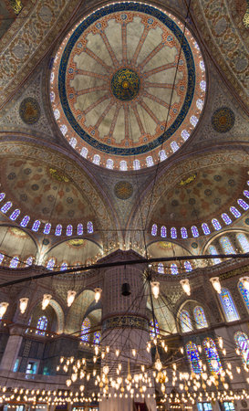 Blue MosqueÂ Interior Dome and Stained Glass in Istanbul, Turkey.のeditorial素材