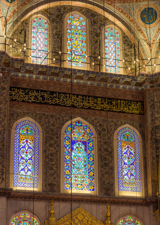 Blue MosqueÂ Interior Dome and Stained Glass in Istanbul, Turkey.のeditorial素材