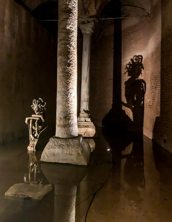 Basilica Cistern Ancient Columns and Modern Medusa Sculpture and Shadow in Istanbul, Turkey.のeditorial素材