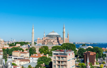 View of Hagia Sophia and Minarets from Hotel's Rooftop 360 View of the City Restaurant in Istanbul, Turkey.のeditorial素材