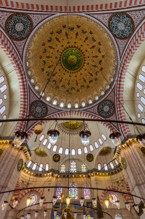 Suleymaniye Mosque Interior and Dome in Istanbul, Turkey.のeditorial素材