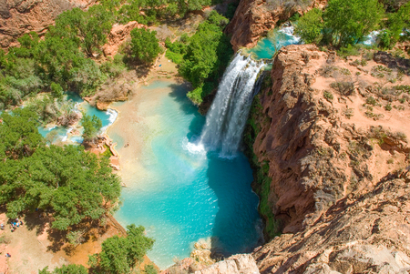 Havasu Falls in the daytime from the mesa above the falls. Wonderfull shadow from the sunlight in the spring.の写真素材