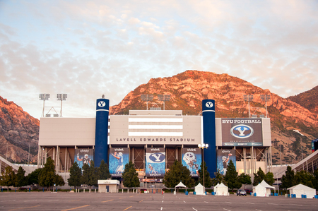 Lavell Edwards Stadium at Brigham Young University (BYU) with the Wasatch mountain range in the backgroundのeditorial素材