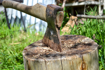 Axe in stump. Axe ready for cutting timber.Woodworking tool. Travel, adventure, camping gear,...