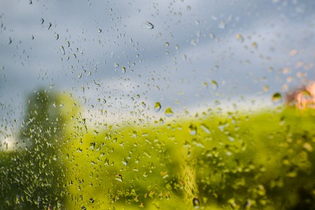 Rain drops on the window. Summer rain on a sunny day.の写真素材