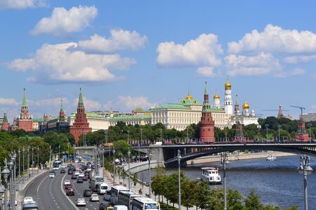 Moscow. Russia. July 2018. - Panoramic view of the Moscow River, the Kremlin on a sunny summer day. Movement along the embankment and across the bridgeのeditorial素材
