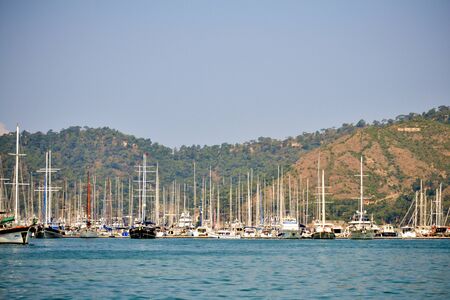 June 17, 2019 Fethiye, Turkey - Marine sailing ships parked in Fethiye Bay, Turkey.のeditorial素材