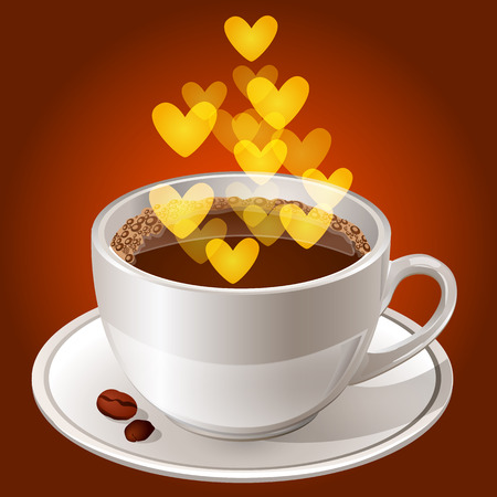 Realistic white cup of coffee on a saucer, with coffee beans and smoke in the form of a heart. Vector illustration Isolated on brown background.のイラスト素材