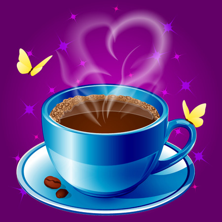 Realistic blue cup of coffee on a saucer, with coffee beans, yellow butterflies and steam in the form of a heart. Vector illustration isolated on purple background.のイラスト素材