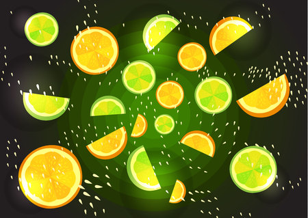 Green background with juicy citrus fruits. lemon and lime slices scattering from the center.のイラスト素材