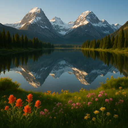 Peaceful alpine lake reflects snow-covered mountains and pine forests, with a colorful flower meadow in the foregroundâevoking serenity, clarity, and natural elegance.の素材
