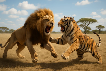 A fierce mid-air clash between a lion and a tiger over a savannah backdropâclaws extended, mouths open, capturing raw power, aggression, and wild intensity.の素材