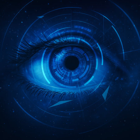 Close-up of a blue human eye with digital HUD elementsâfuturistic patterns and geometric shapes evoke themes of cybernetics, biometric scanning, and AI-human interface.の素材