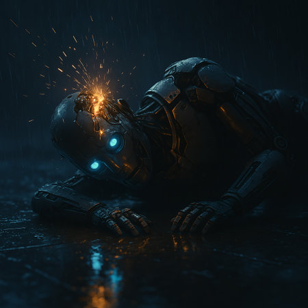 Damaged robot with glowing blue eyes lies in rain, sparks flying from its headâevoking futuristic tension, defeat, and the fragility of artificial intelligence.の素材