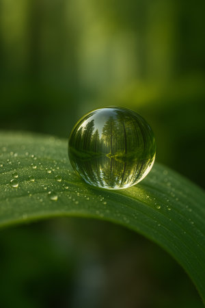 Macro shot of a green leaf with water droplets, featuring a larger droplet reflecting treesâcapturing natureâs intricate detail and the serenity of morning moisture.の素材