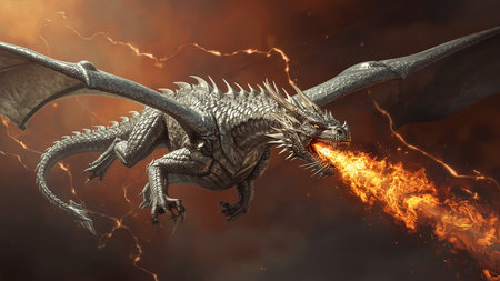 Armored dragon soaring through a stormy sky, breathing fire as lightning flashes around itâepic fantasy scene filled with heat, power, and cinematic intensity.の素材