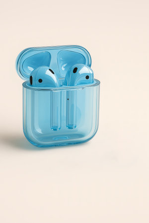 Blue wireless earbuds with black accents rest beside an open charging caseâsleek, compact, and modern design ideal for tech, audio gear, and lifestyle themesの素材