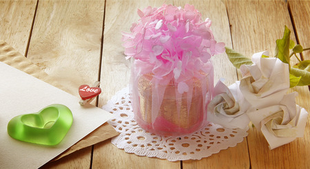 Valentine Abstract with Souvenir Wedding are on wooden background. Valentine's Day.の写真素材