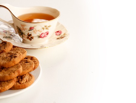 Chocolate Cookies and tea are on White Background.の写真素材
