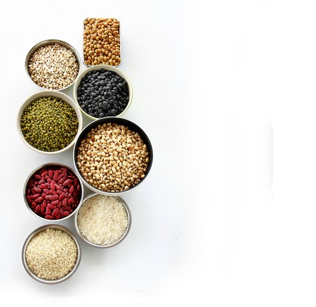 Different kinds of Grains, five grains are on white background.