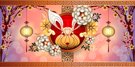 Abstract chinese new year 2023 with Geometric Rabbit Face and Traditional Chinese Wording. The meaning are Lucky and Happy. Year of Rabbit That is the one of Chinese Zodiac. Vector and Illustration, EPS 10のイラスト素材