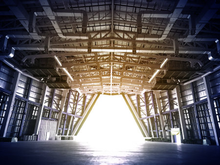 The modern metal steel constructions are similar to the spaceship interior of a super big industrial building. Abstract background.の写真素材