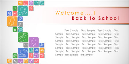 Abstract of Welcome Back to School Vector Background Design. Back to School in Text with Stationary Icon for Educational Learning. Vector and Illustration, EPS 10.のイラスト素材