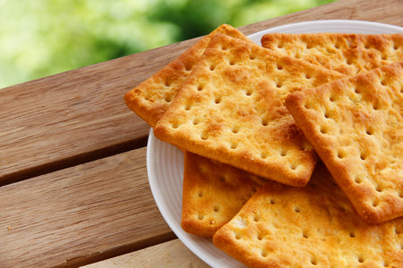 Many Yummy Square Cream Crackers For the best healthy foods and quick easy food composition are on the still-life scene. Dessert Concept.の写真素材
