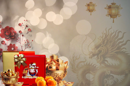 The auspicious Red gift box for Chinese New Year celebrations displayed with the golden dragon on the copy space for banner. Abstract and background concept.の写真素材