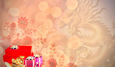 The auspicious Red gift box for Chinese New Year celebrations displayed with the golden dragon on the copy space for banner. Abstract and background concept.の写真素材