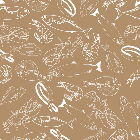 Marine fish on kraft paper seamless pattern for restaurant menus, cards, books, wrapping paperのイラスト素材