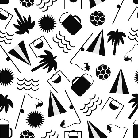 Active rest, fishing, camping, campfire, ball games, swimming, tree seamless patternのイラスト素材