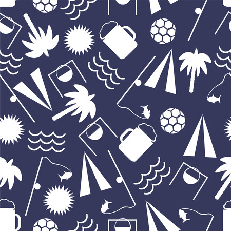 Active rest, fishing, camping, campfire, ball games, swimming, tree seamless pattern on a blue backgroundのイラスト素材