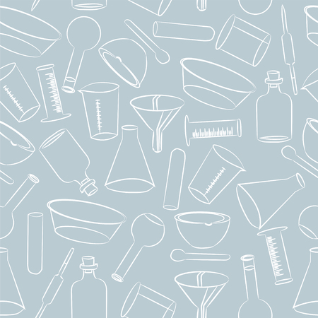 Laboratory equipment and flasks on a blue background patternのイラスト素材