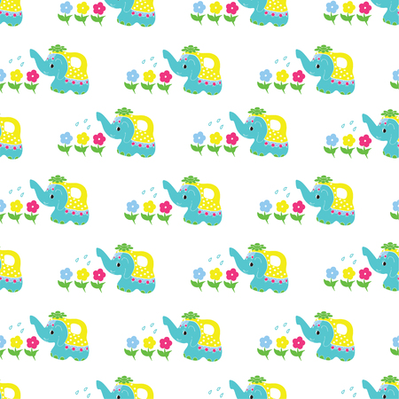 Beautiful multi-colored elephant watering the flowers seamless patternのイラスト素材