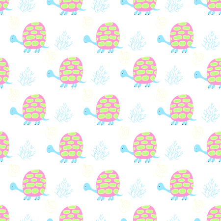 Gentle children's background with turtles and algae in the fashionable pastel soft colors for the textiles and handicraftsのイラスト素材