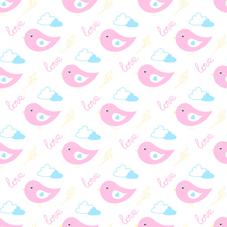 Cartoon birds in love in gentle pink colors flying in the clouds patternのイラスト素材