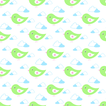 Cartoon baby birds fly in gentle light green tones in the clouds patternのイラスト素材