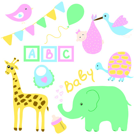 Set for children's holiday greeting cards for newborns and infants, parents with cute animals, balloons, flags, letters, nipples and clothing.のイラスト素材
